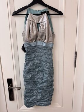 Nicole Miller Silver and Seafoam Halter Ruched Midi Dress